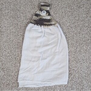Hanging Kitchen Towel with Crochet Top and Button Closure White Gray Beige